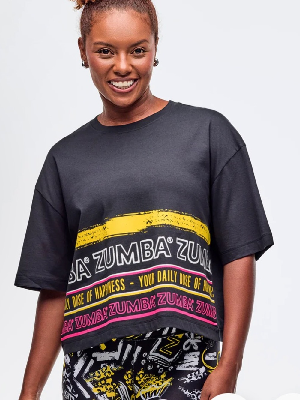 Zumba Fitness Black Crop T-Shirt with Yellow and Pink Graphic